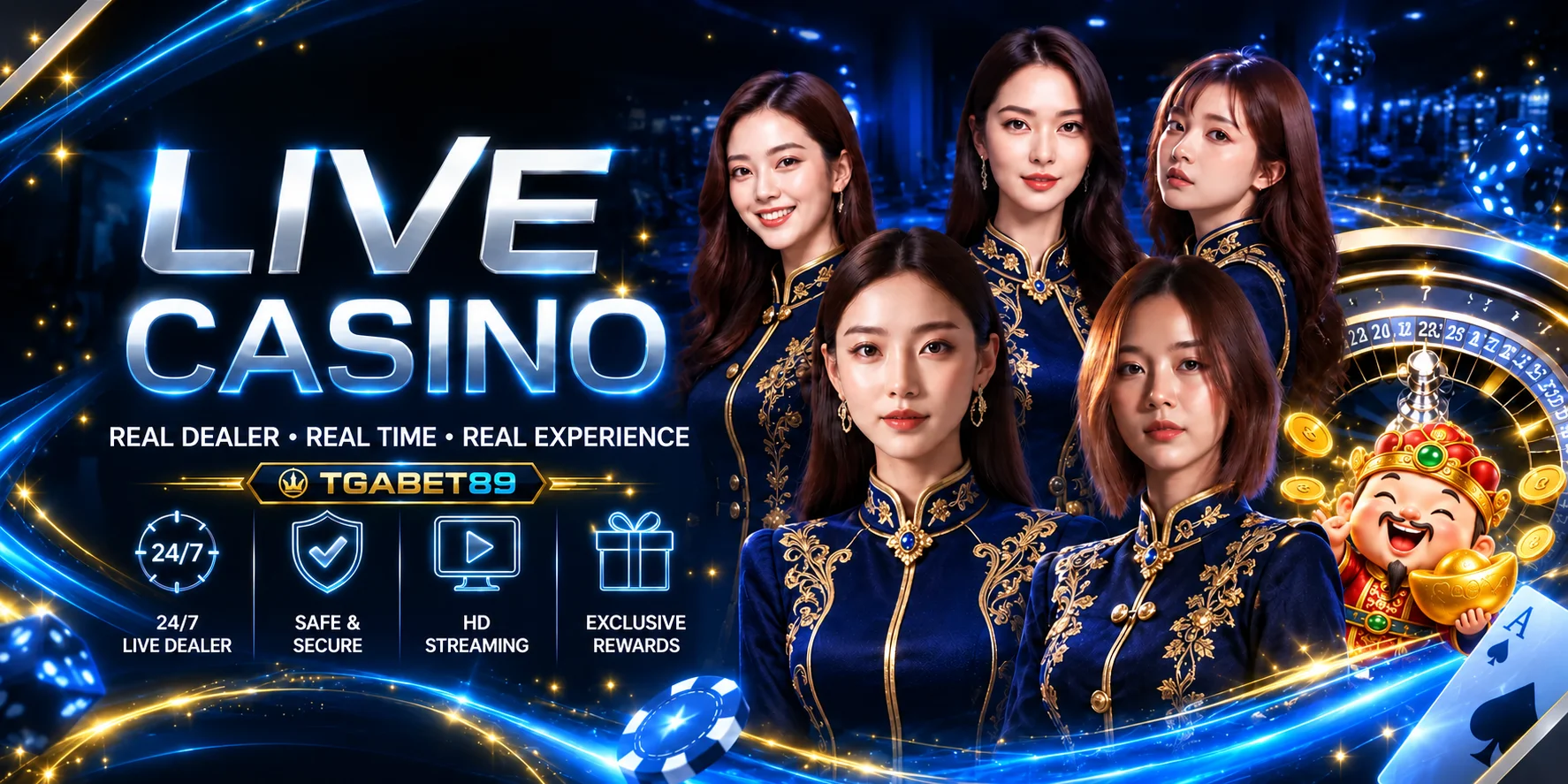 คาสิโนสด TGABET89 พร้อมโต๊ะเกมและดีลเลอร์
